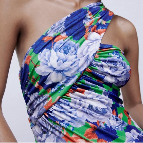 ZARA ONE SLEEVE FLORAL ASYMMETRIC BODYSUIT NWOT SMALL - Picture 2 of 7